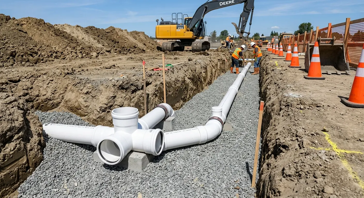New PVC sewer pipe installation in open trench for Commercial Drain Cleaning in Horseheads