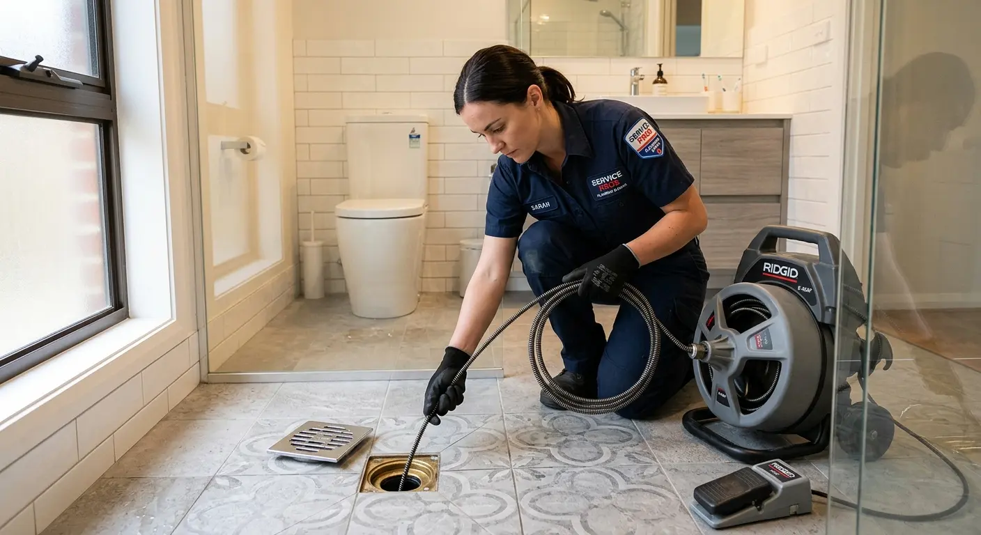 Technician clearing a bathroom floor drain for Drain Repair in Horseheads